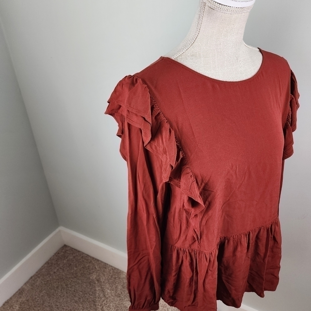 Loft Maroon Ruffle Boho Fall Rayon Top Long Sleeve Size Large - Picture 5 of 12